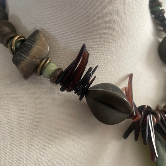 Vintage LES BERNARD Jade and Shell Sratement Necklace Chic Green Brown Choker - Picture 12 of 12